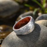 Hammered Titanium Steel Ring with Natural Wood Inner Liner, 6mm Vintage Domed Band, Rustic Wooden Inlay Wedding Promise Ring for Men & Women