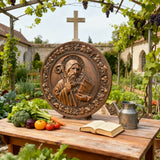 Religiöse Ikone des Heiligen Benedikt, geschnitzte Wand dekoration aus Naturholz