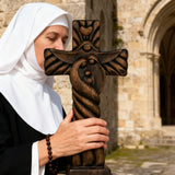 Holy Family wood icon decoration, Joseph, Mary, Baby Jesus, carved wooden cross, wall decoration