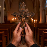 Wood Carving of Jesus Cross with St. Benedict's Exorcism