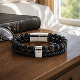 Dual Layer Braided Leather Cross Stainless Steel Men's Bracelet