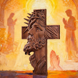 Handcrafted Beechwood Cross: Jesus with the Crown of Thorns