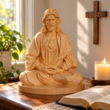 Hand-Carved Beechwood Sacred Heart of Jesus Prayer Statue