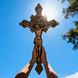 Wood Carving of Jesus Cross with St. Benedict's Exorcism