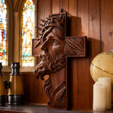 Handcrafted Beechwood Cross: Jesus with the Crown of Thorns