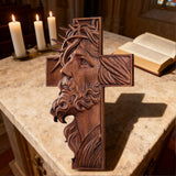 Handcrafted Beechwood Cross: Jesus with the Crown of Thorns