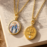 3D Enamel Our Lady of Grace Oval Necklace, Double Sided Tree of Life Stainless Steel Pendant