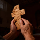 Handcrafted Beechwood Cross: Jesus with the Crown of Thorns