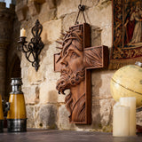 Handcrafted Beechwood Cross: Jesus with the Crown of Thorns