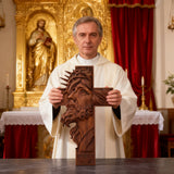 Handcrafted Beechwood Cross: Jesus with the Crown of Thorns