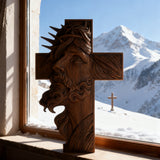 Handcrafted Beechwood Cross: Jesus with the Crown of Thorns
