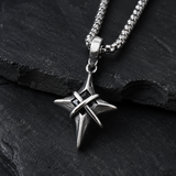 Vintage North Star Men Stainless Steel Necklace, Wrapped Cross Black CZ 4‑Point Star Pendant With Box Chain