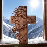 Handcrafted Beechwood Cross: Jesus with the Crown of Thorns