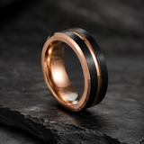 Two-Tone Brushed Titanium Steel Ring, Rose Gold & Black Grooved Wedding Band, 8mm Comfort Fit Mens Promise Ring