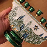Jerusalem Skyline Hanukkah Menorah – Cloisonné Enamel Judaica Candle Holder