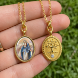 3D Enamel Our Lady of Grace Oval Necklace, Double Sided Tree of Life Stainless Steel Pendant
