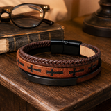 Multi‑Layer Braided Cross Printed Men Leather Bracelet, Vintage PU Leather Magnetic Clasp Religious Wrist Jewelry