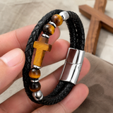 English Product Description for 21cm Stone Cross Leather Bracelet