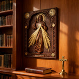 The Sacred Heart and Divine Mercy Jesus Christ Wood Wall Plaque