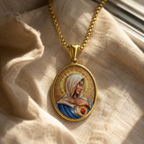 Enamel Immaculate Heart Virgin Mary Oval Gold Stainless Steel Necklace