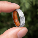 Hammered Titanium Steel Ring with Natural Wood Inner Liner, 6mm Vintage Domed Band, Rustic Wooden Inlay Wedding Promise Ring for Men & Women