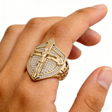 Vintage Gold Shield Crucifix Men's Ring – Faith, Protection & Bold Style - product view