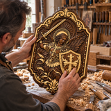 St. Michael Archangel Hand-Carved Wooden Wall Plaque – Sword & Shield of Divine Protection