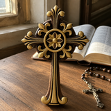 Hand-Carved Beechwood Ornate Cross – Gold Accented Christian Wall Cross
