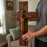 Hand-Carved Beechwood Holy Trinity Crucifix Wall Cross – Christian Home Prayer Decor