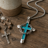 Crown of Thorns Turquoise Cross Necklace – Christian Faith Pendant with 24″ Chain - side view