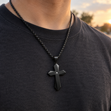 North Star Faceted Cross Necklace – Titanium Steel Christian Pendant with CZ, 24-Inch Chain
