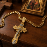 Gold-Plated Copper Crucifix Pendant with Jesus Christ and Religious Figures