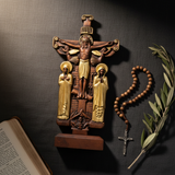 Orthodox Altar Table Ornament: Saints and the Crown of Thorns — Hand-Carved Wooden Cross