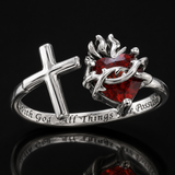 Sacred Heart of Jesus Thorn Flame Cross Adjustable Open Ring - design detail