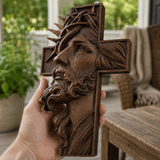 Hand-Carved Beechwood Jesus Crown of Thorns Cross – Christian Wall Art