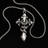 S925 Silver Serpent Cross Pendant Necklace with Green Gemstone