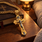 Gold-Plated Copper Crucifix Pendant with Jesus Christ and Religious Figures