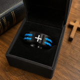 Black Polished Blue Opal Inlay Laser Engraved Cross Stainless Steel Ring