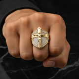 Vintage Gold Shield Crucifix Men's Ring – Faith, Protection & Bold Style - design detail