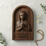 She Walks by Faith Wooden Wall Decor for Christian home decor and prayer spaces
