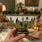 Jerusalem Skyline Hanukkah Menorah – Cloisonné Enamel Judaica Candle Holder