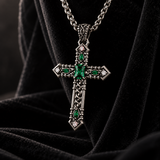 Vintage Green Stone Cross Pendant Necklace for Men