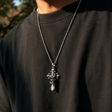 S925 Silver Serpent Cross Pendant Necklace with Green Gemstone