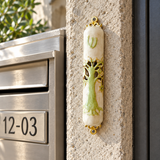 Tree of Life Mezuzah with Shema Scroll – Enamel & Gold-Tone Doorpost Blessing