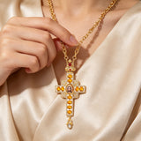 Orthodox Three-Bar Crown Gem Cross Pendant Necklace