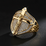 Vintage Gold Shield Crucifix Men's Ring – Faith, Protection & Bold Style - craftsmanship detail