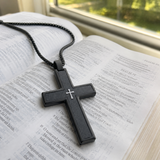 Two-Tone Bevel Edge Carbon Fiber Textured Inlaid Tiny Cross Stainless Steel Necklace