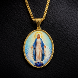 3D Raised Enamel Miraculous Virgin Mary Oval Gold Stainless Steel Necklace