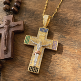 Multicolor Zircon Jesus Crucifix Gold‑Tone Stainless Steel Necklace