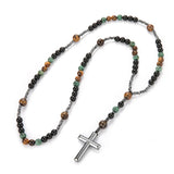 New African pine yellow tiger eye vintage natural stone long cross rosary necklace - BGCOPPER